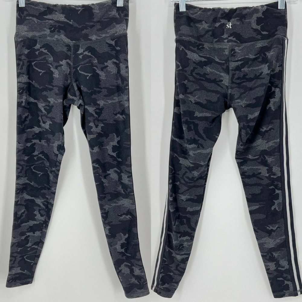 Strut This Womens Sz L Leggings Gray Black Camo Side Track Stripe High Rise